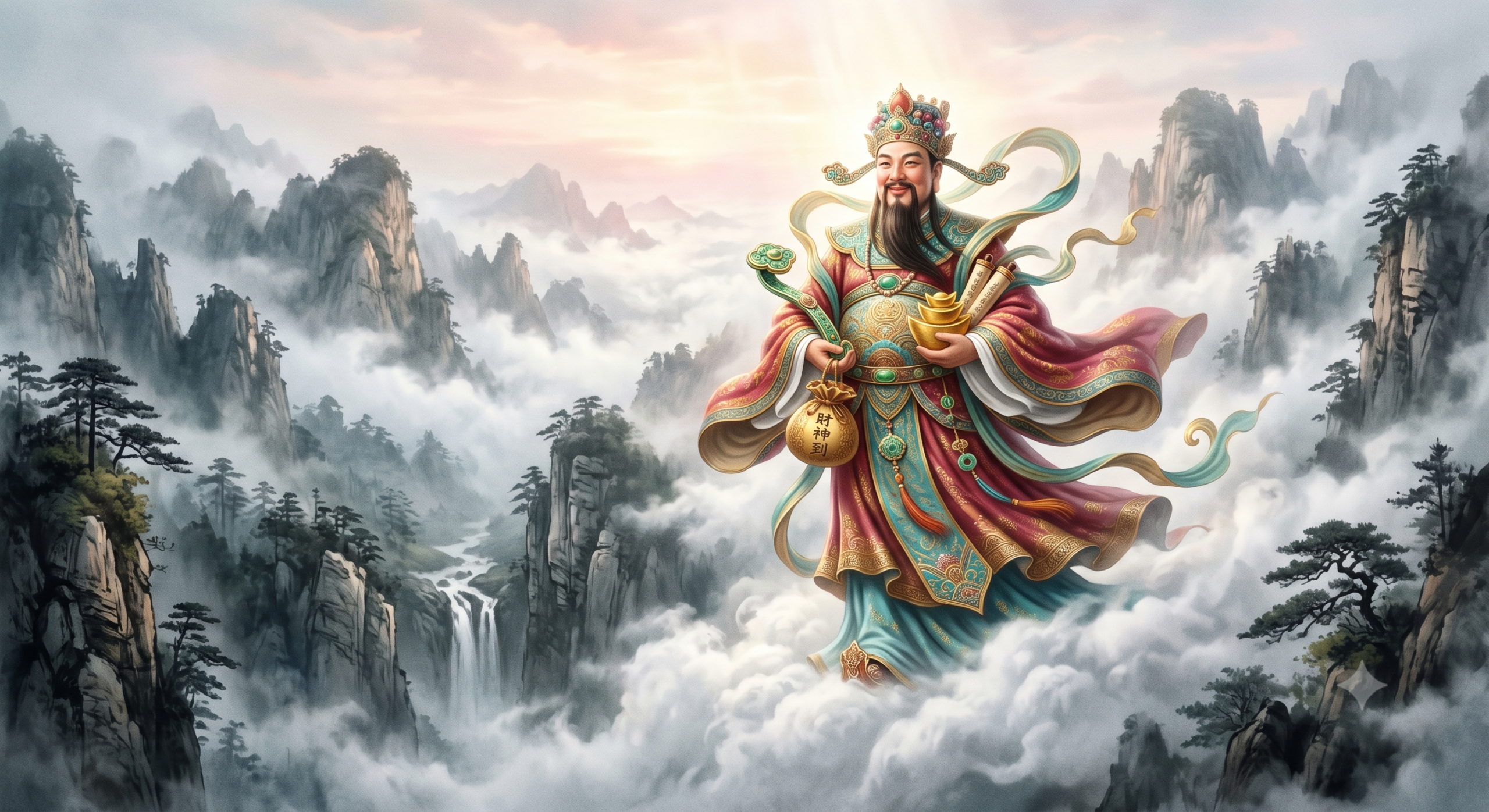雲霧繚繞中神仙降臨的特寫照周公解夢（夢見神仙AI示意圖）