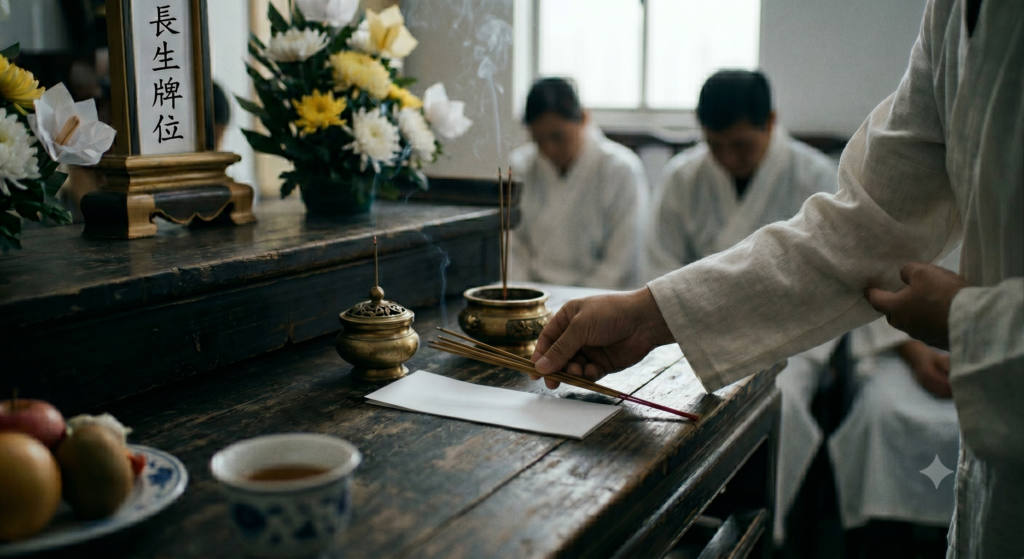 一場莊嚴中式喪禮場景的特寫照，結合傳統解夢書解析夢見喪禮的民俗寓意與運勢吉凶徵兆ＡＩ示意圖