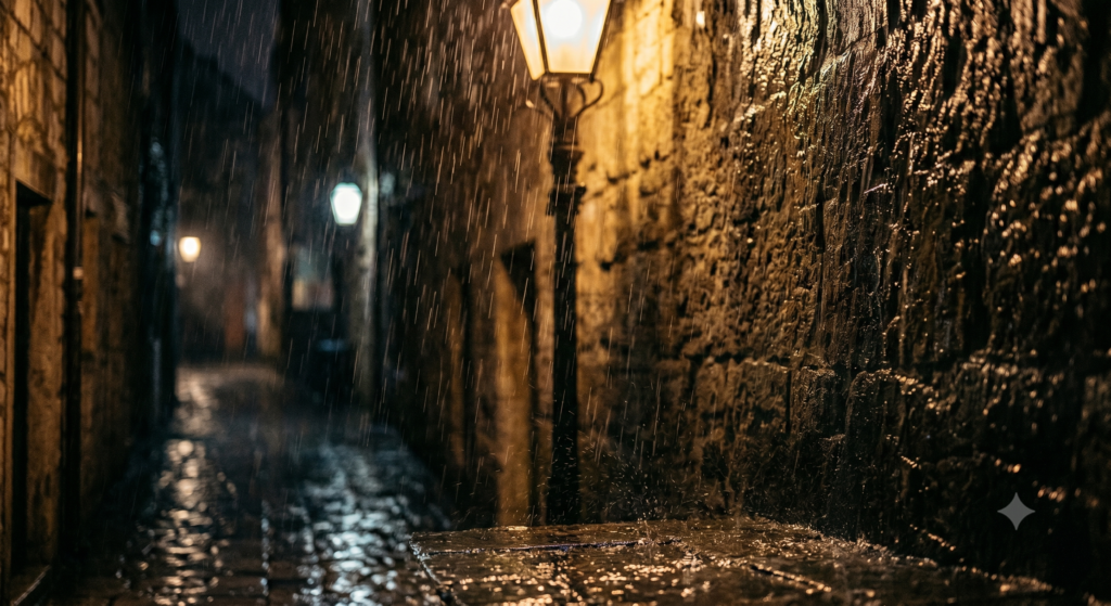 下雨 昏黃的路燈下的特寫照（夢見下雨AI示意圖)
