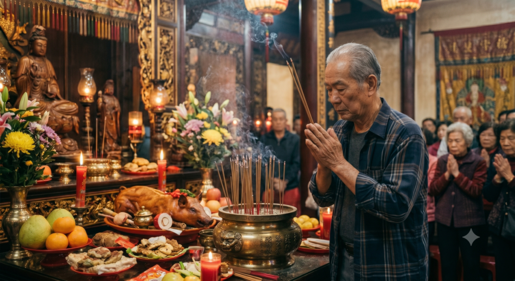 廟裡一場莊嚴祭祀儀式的特寫照，結合傳統周公解夢書解析夢見祭祀的民俗寓意與運勢吉凶徵兆ＡＩ示意圖