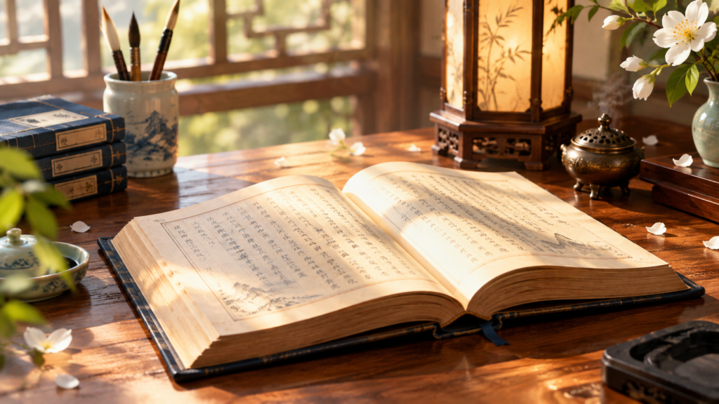 古色古香的書房中堆疊的古典書籍特寫照，結合傳統解夢書解析夢見書的文化寓意與智慧徵兆AI示意圖
